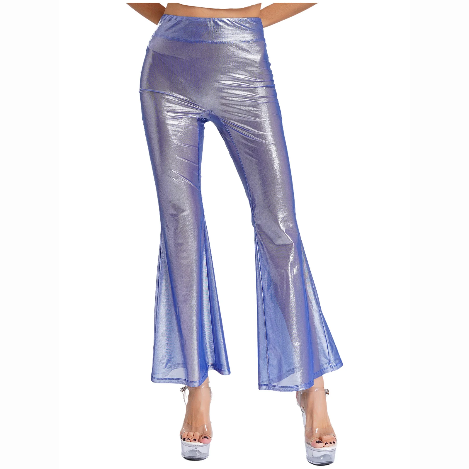 Women Fashion Flare Pants See Through Pants High Waist Flared Pants Shiny Metallic Bell Pants Rave Bar Nightclub Wear Trousers