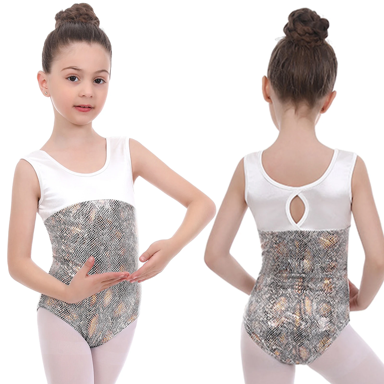 Girls Ballet Dance Leotards Kids Yoga Gymnastic Costume Sleeveless Round Neck Patchwork Style Hollow Back Stage Performance Wear