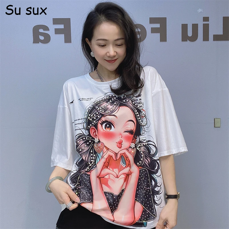 Casual Beading Cartoon Pretty Girl Print T-shirt Woman Summer Tops O Neck Short Sleeve Tees Vestidos Streetwear Bust 116cm 2026