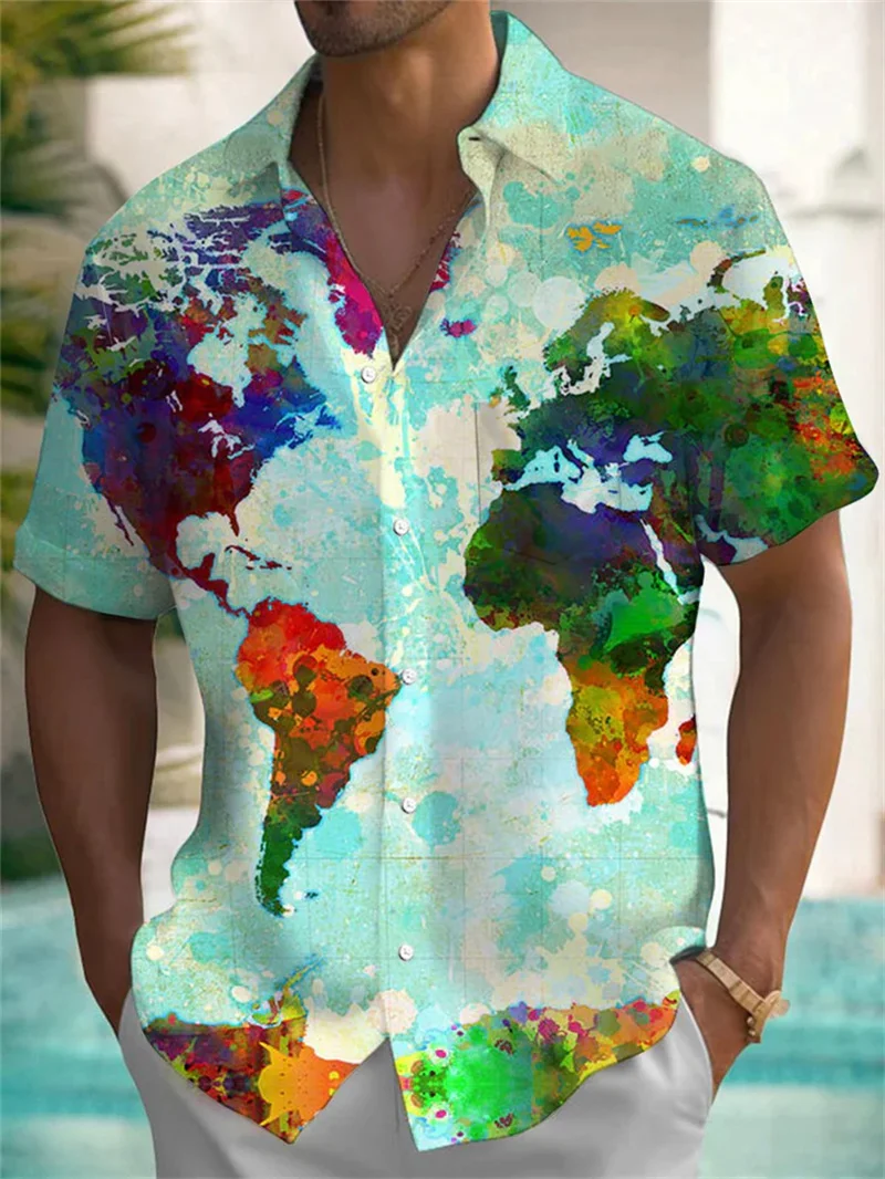 Fashion Earth Map Pattern Shirt Men's Street Style Casual 3D World Map Printed Short Sleeve Shirt