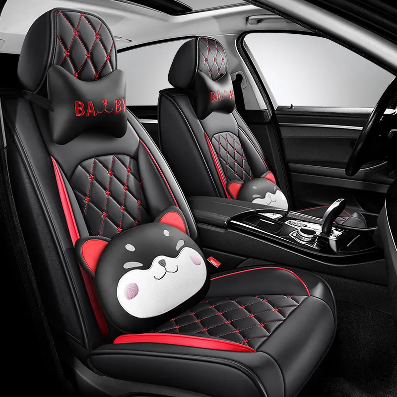 Cartoon Cat Car Seat Covers Luxury PU Leather Universal Auto Front & Rear Seat Protector Sedan SUV 5 Seats Full Set Universal Fi