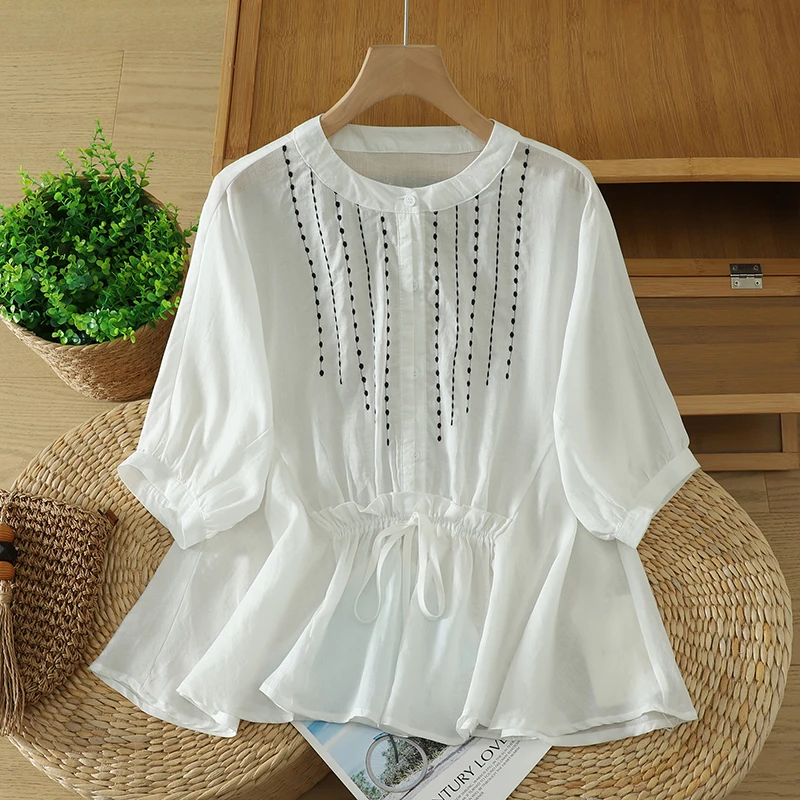

Korean Style plus Size Women's Cotton Linen Short Sleeve Shirt Summer New Arrival Doll Top Loose Fit Embroidered round Neck