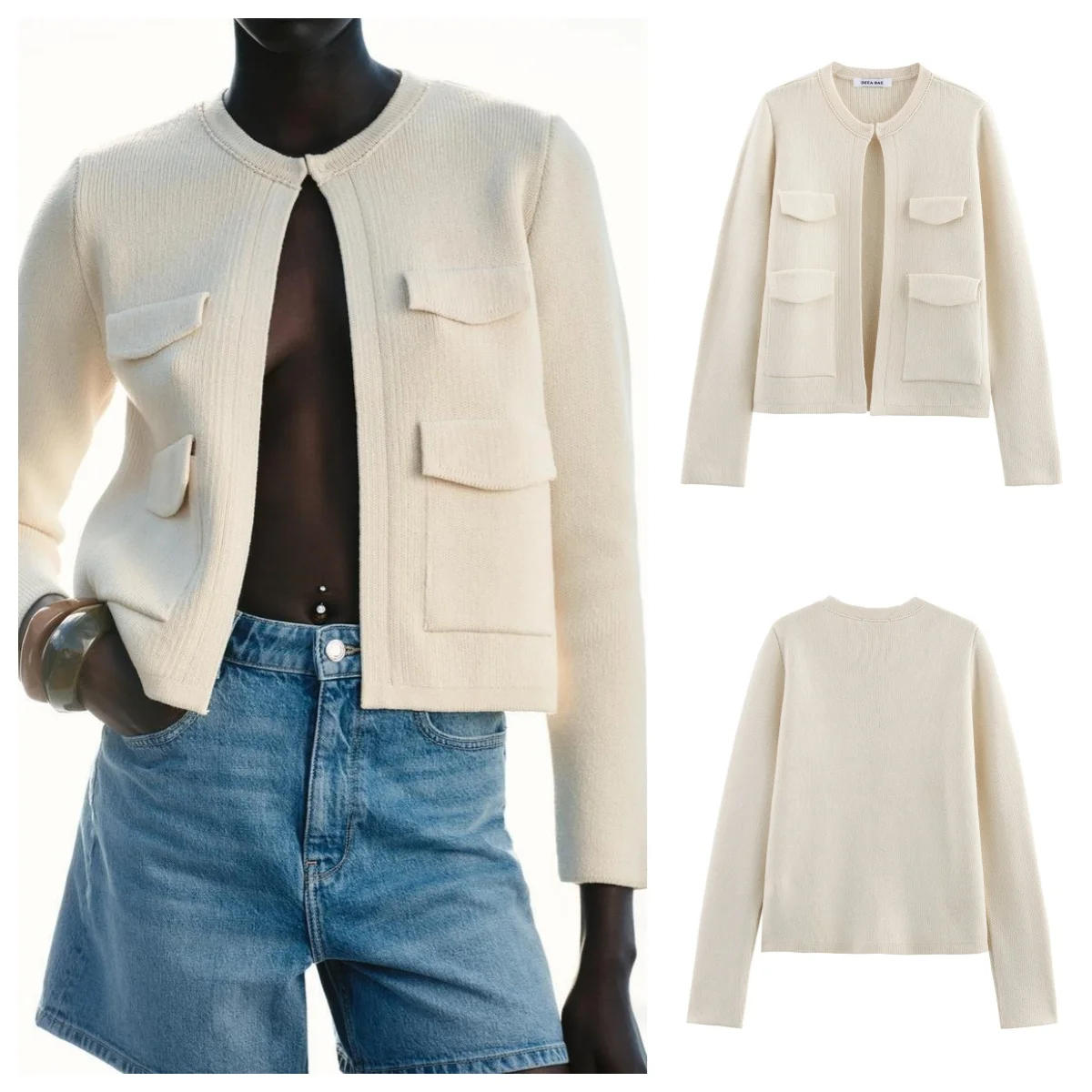 

European and American style new round neck pocket decoration fashionable versatile knitted jacket