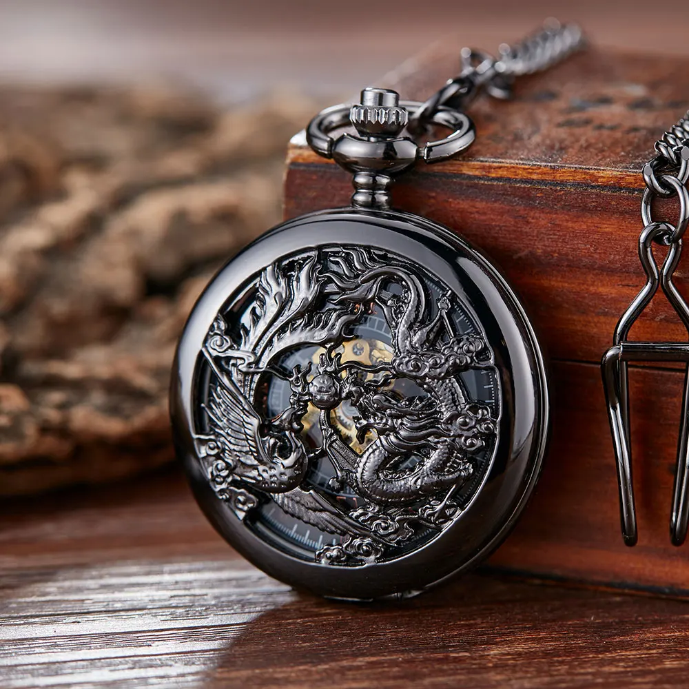 Vintage Black  Mechanical Pocket Watches Mens Lucky Phoenix and Dragon Skeleton Pocket Watch Antique Roman Numerals