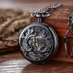 Vintage Black  Mechanical Pocket Watches Mens Lucky Phoenix and Dragon Skeleton Pocket Watch Antique Roman Numerals