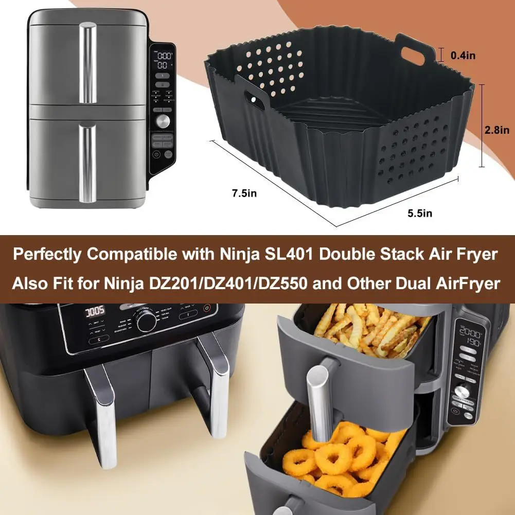 2Pcs Air Fryer Silicone Liners Reusable Rectangle Perforated for Ninja SL401 Double Stack 2 Basket Airfryer