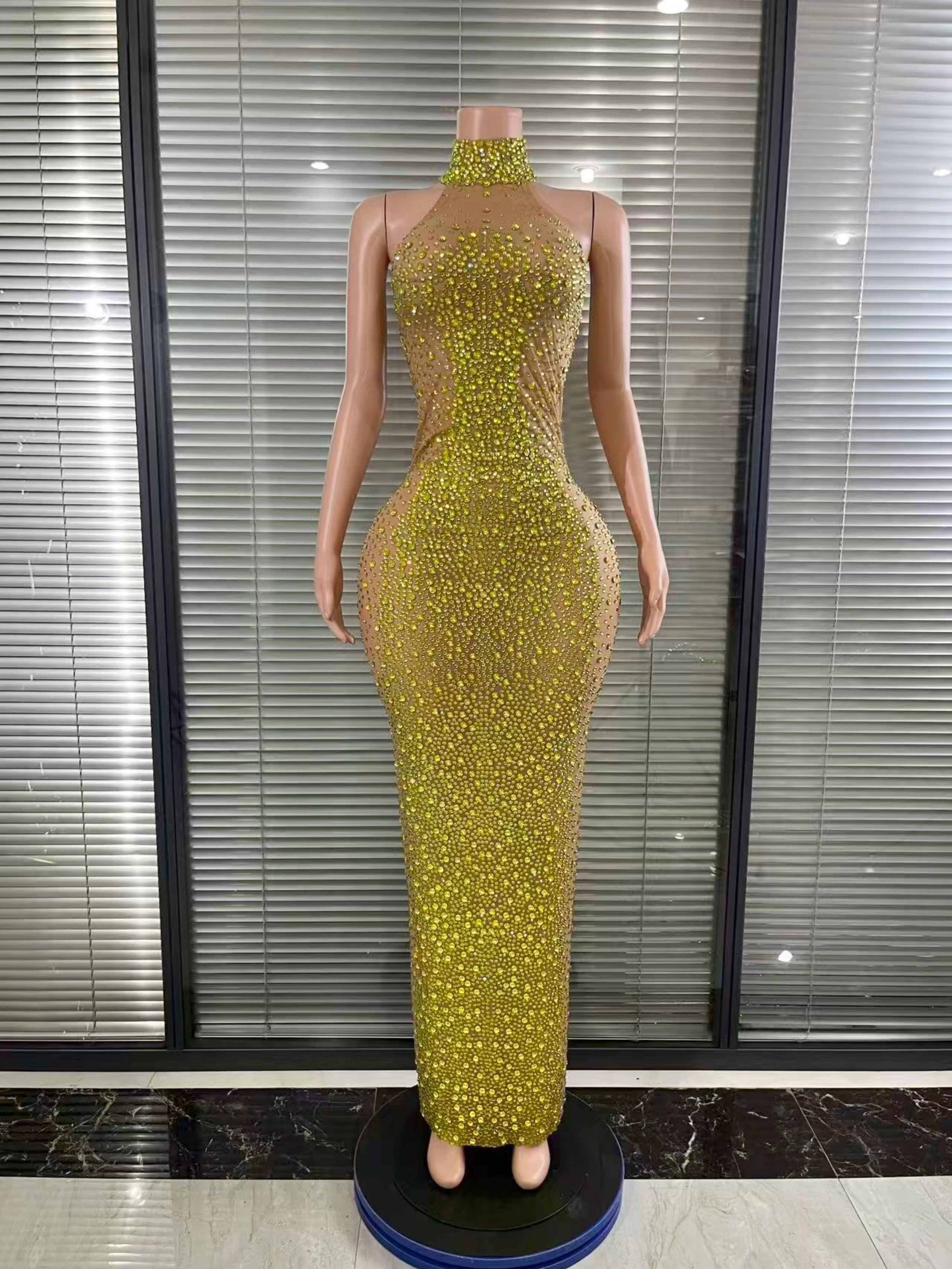 Opulentes, glitzerndes, ärmelloses langes Kleid mit Strasssteinen, sexy Mesh, transparent, Feiern, Hochzeit, Abschlussball, Geburtstag, Nachmittagstee-Kleid