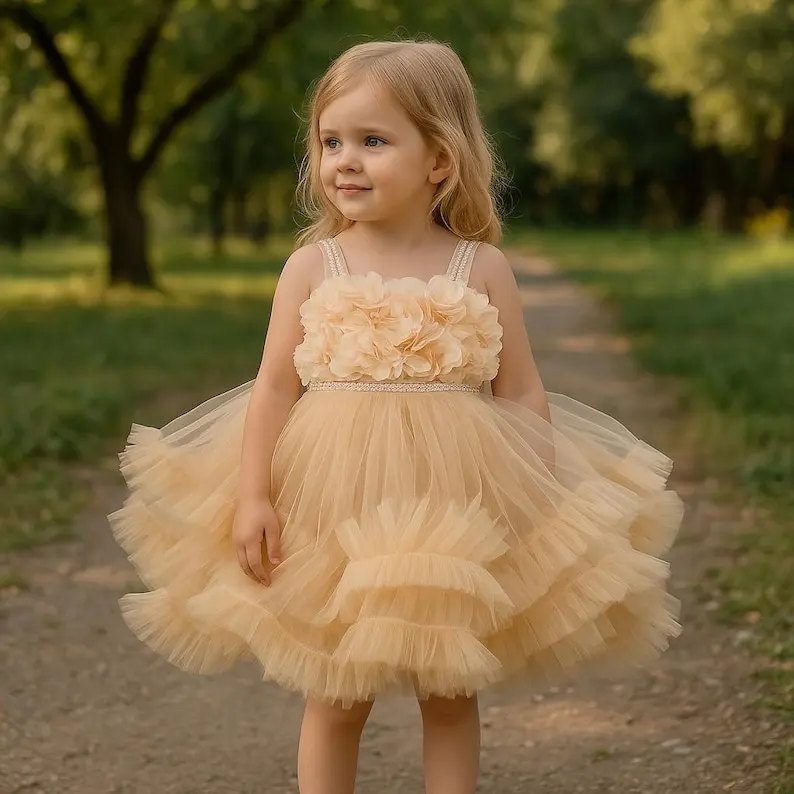 

Flower Girls Dress Handmade Cream Tulle Flower Girl Dress: Ruffled Princess Dress for Wedding Party