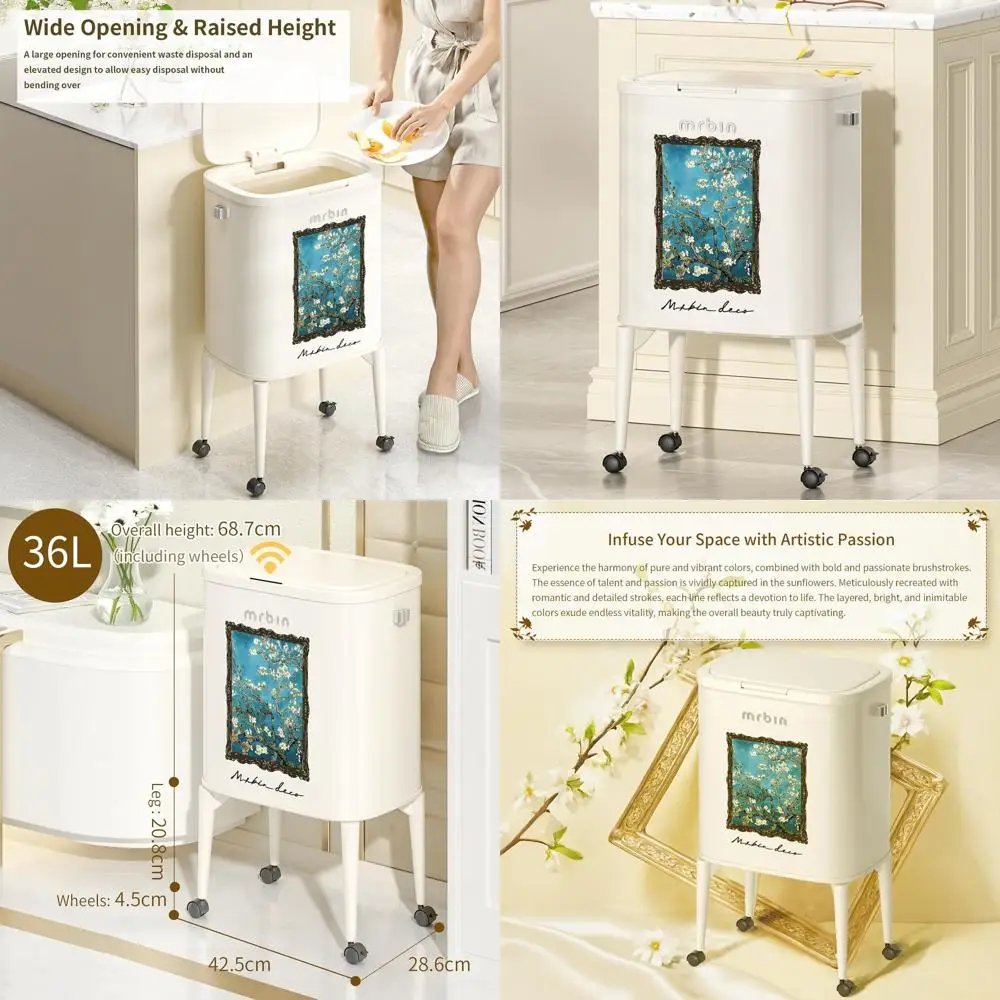 

Тонкий колесный мусорный бак среднего размера на 36 л с пресс-крышкой, защита от домашних животных для домашнего использования в различных помещениях, цвете миндаля