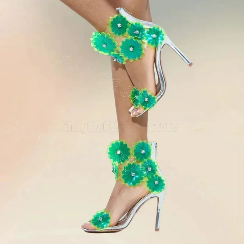 

Green PVC Appliques Design Open Toe Sandals Back Zipper Women Shoes Thin High Heels Party Feast Dating 2025 Zapatos Para Mujere