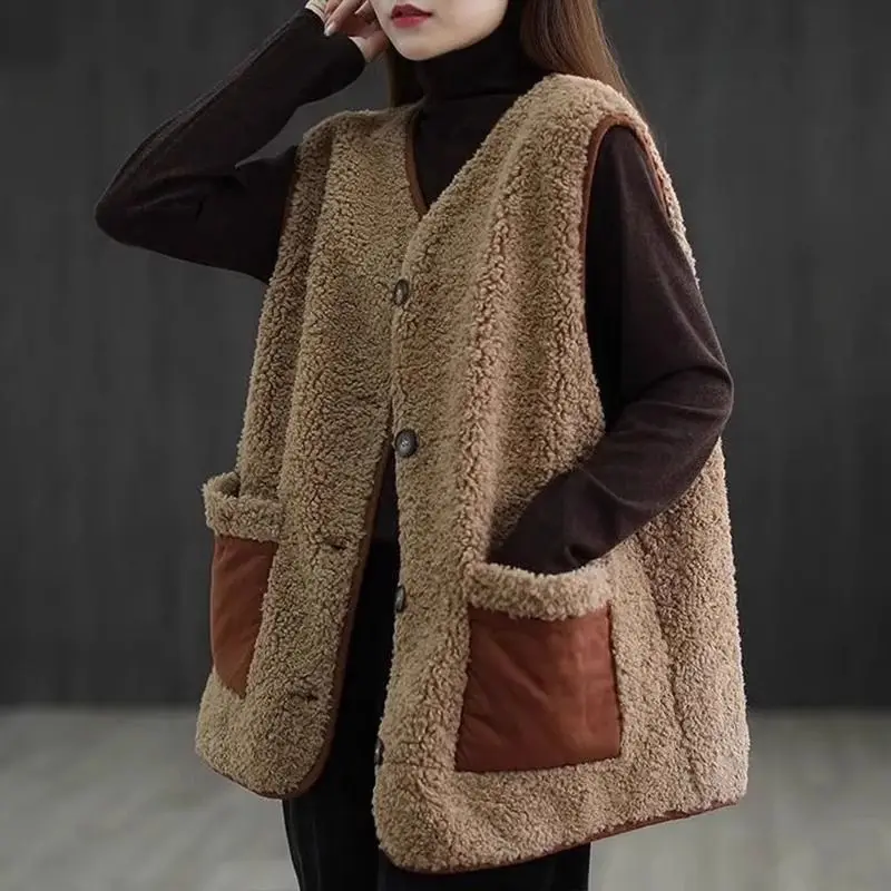 

Women's Jacket Thickened Loose Fit Sleeveless Lamb Fleece Vest Coat Color Block Pockets