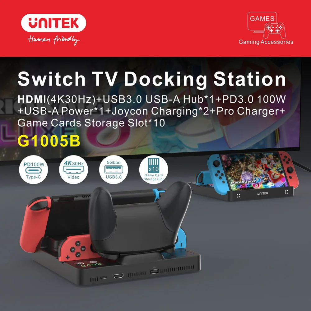 UNITEK Switch Docking Station with 10 Game Card Slots & Joycon Charger 4K@30Hz HDMI USB 3.0 Hub 100W PD for Nintendo Switch