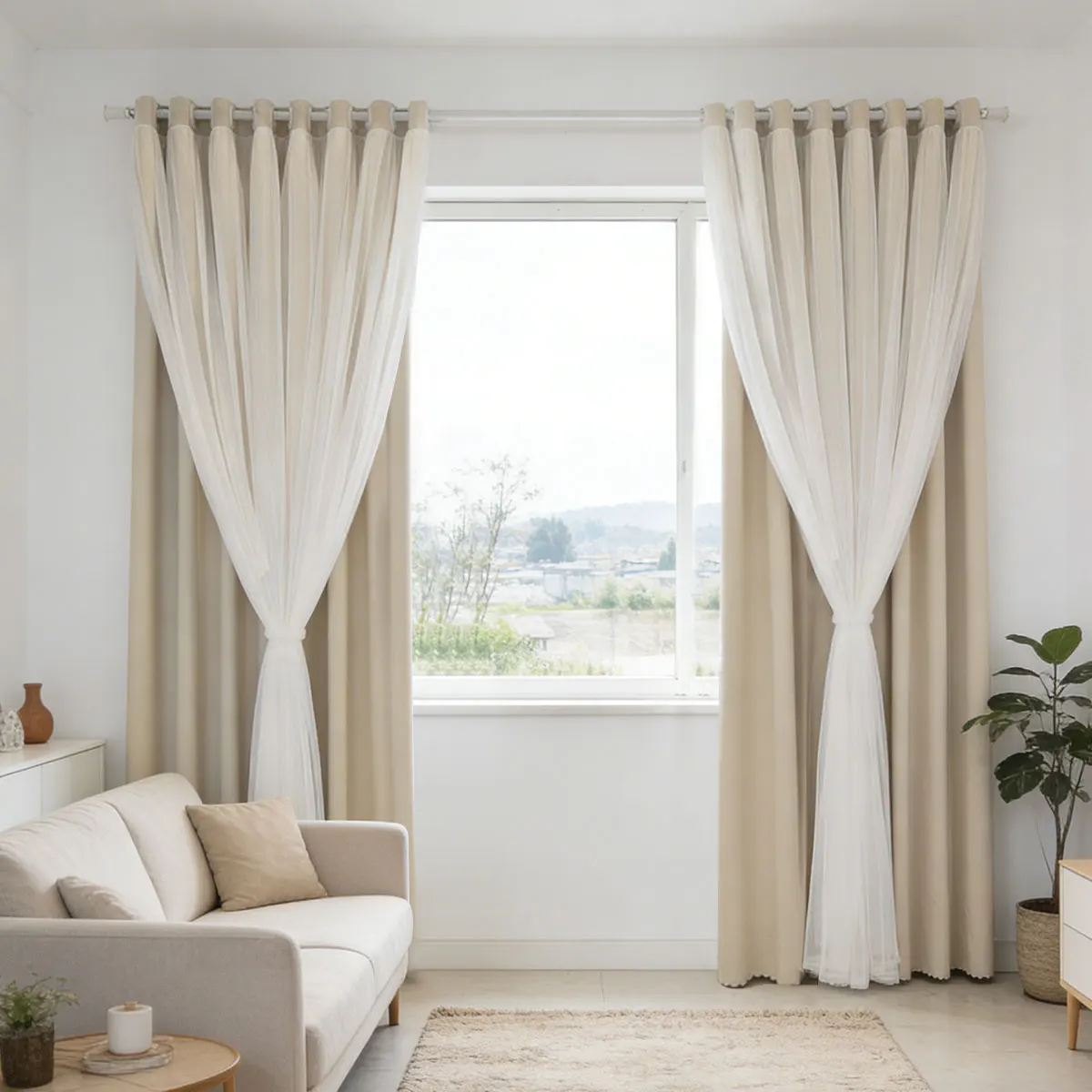 Beige Double Layer Grommet Curtains 2pcs, Sheer Overlay Window Drapes, Neutral Home Curtain for Bedroom Living Room