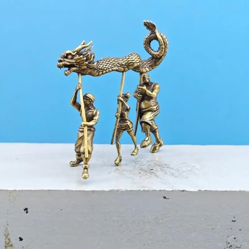 Miniature Brass Dragon Dance Figurine Set 3 People Chinese New Year Lion Dragon Dance Statue Desk Ornament Micro Landscape Decor