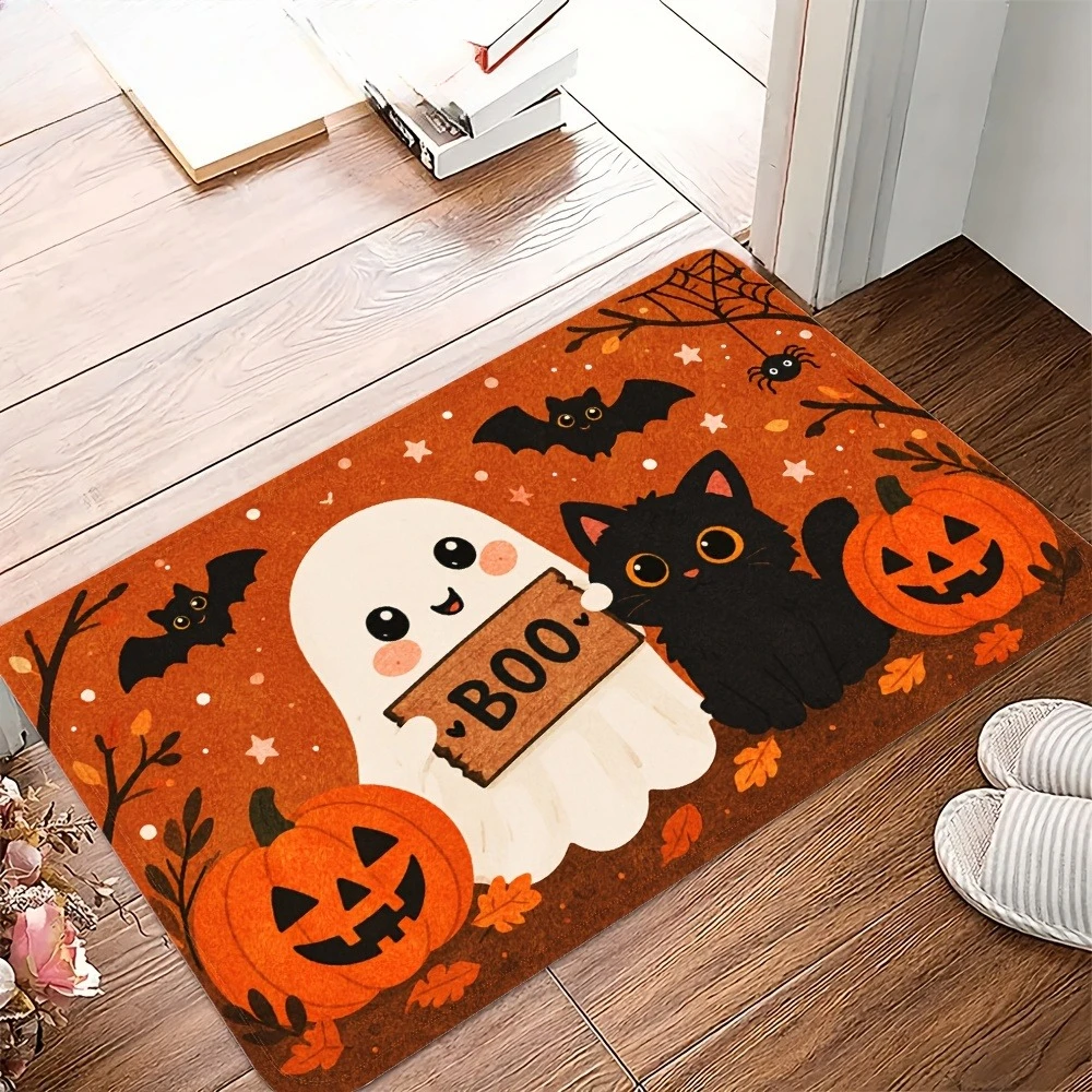 Colorful Halloween Decorative Floor Mat Cute Ghost Pumpkin Bat Spider Web Print Home Entryway Indoor Spooky Party Welcome Decor