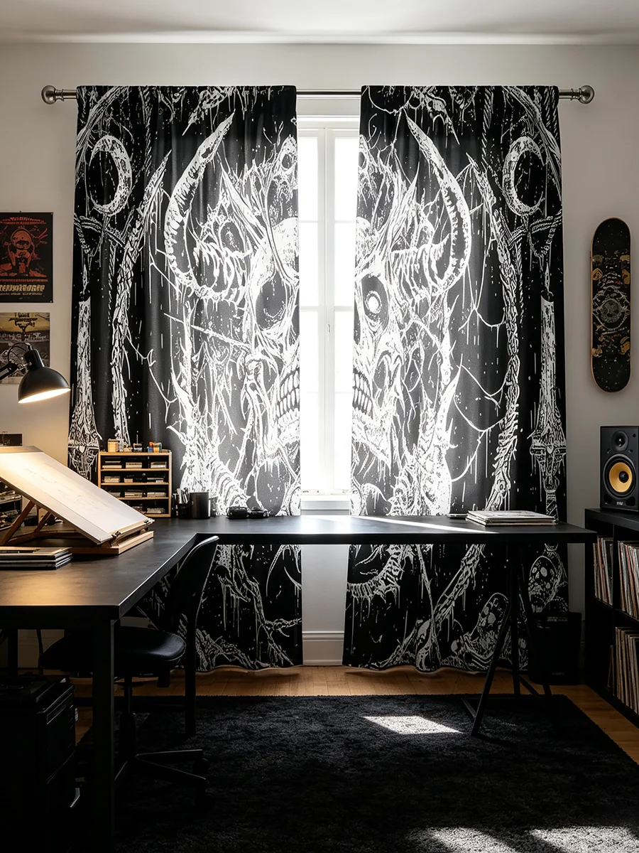 2PCS Skull Print Curtains, Gothic Halloween Pattern, Window Drapes for Living Room Bedroom Punk Rock Home Decor