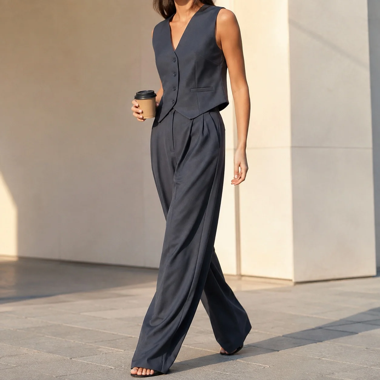 Casual Set Vest Top Full Length British Style with Elegant Commuting Spring Long Pants V Neck Sleeveless Elegant Women Sets