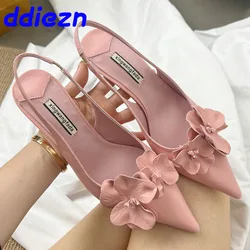 Pumps Pink Footwear Fashion Shallow Women Medium Heels Shoes Pointed Toe Female Slides Slingbacks Flower Ladies Thin Heels Shoes