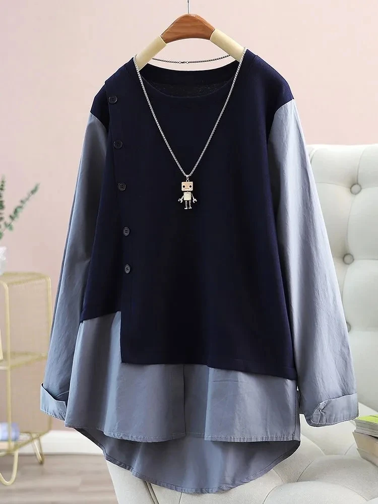 

plus Size Casual Long Sleeve Shirt Button Splice Loose Fit Fake Two-Piece Trendy Top for plus Size Women Spring Autumn 2023