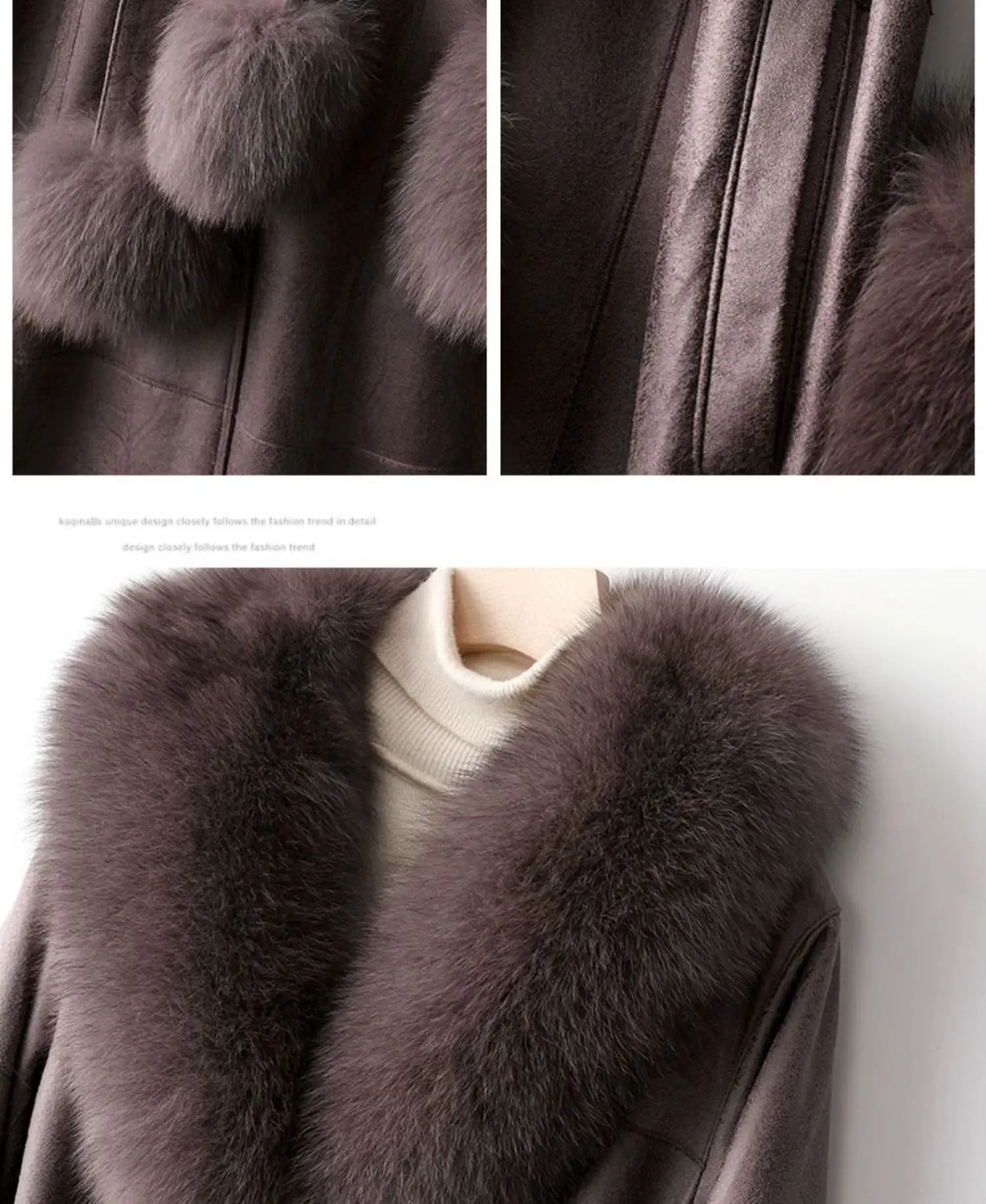 2023 New Rabbit Fur One Piece Coat for Women Mid length Fox Fur Collar Lace up Slim Fit Haining Fur Coat for Women