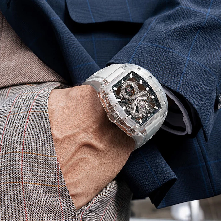 Reloj Automático BONEST GATTI para hombre, reloj de pulsera mecánico Tonneau de 45x53mm, caja acylic, esfera luminosa de dragón de zafiro, caucho fluorado