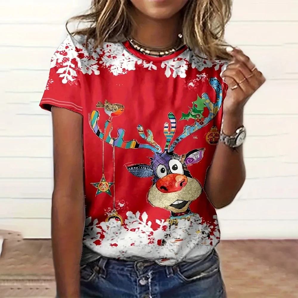 Women's Short Sleeve Tops & T-shirt 3d Christmas Deer Printed Round Neck T-shirts & Blouse Casual Fashion Loose Women's Top Tees