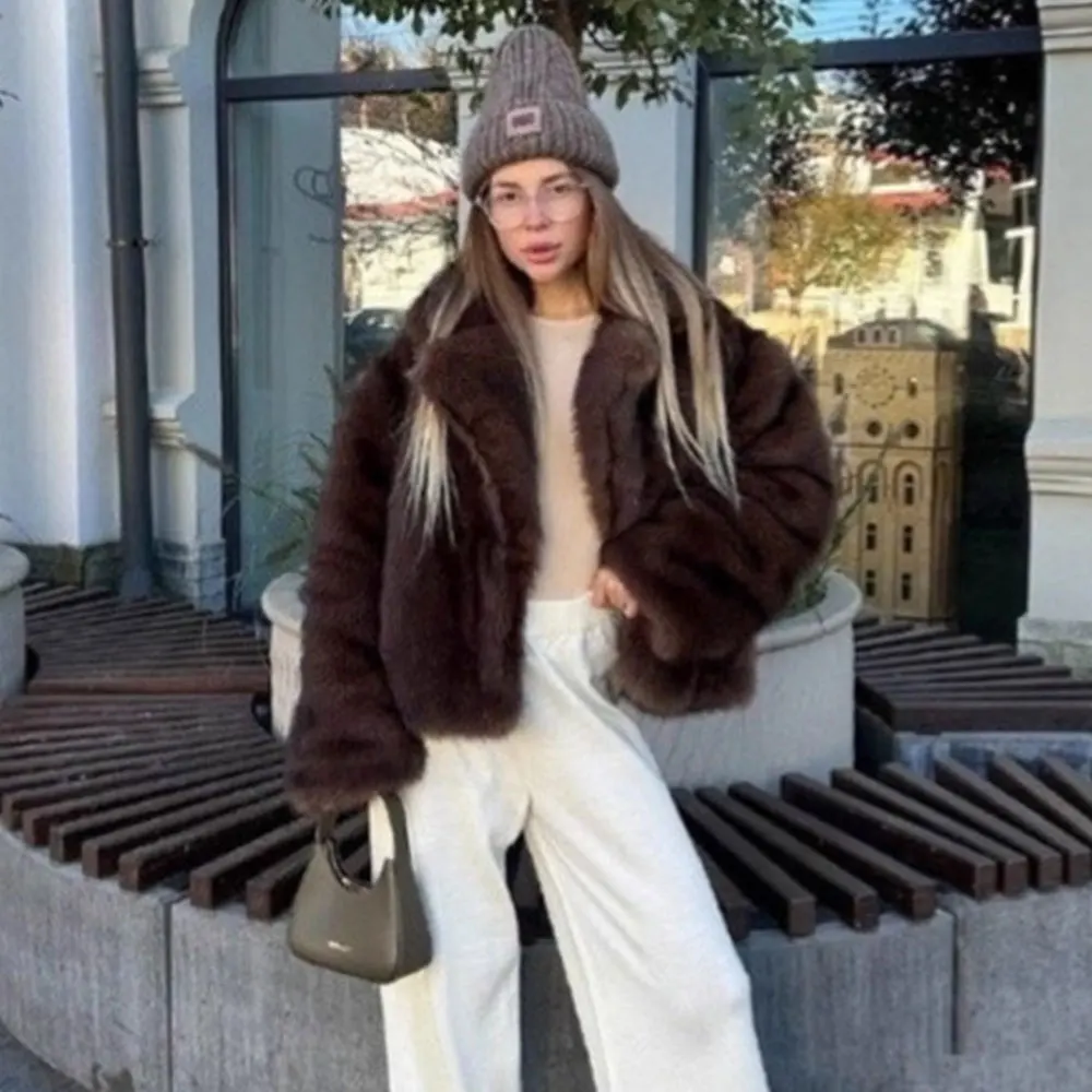 여성용 플러피 재킷 겨울옷 짧은 인조 여우털 코트 한국 스타일 캐주얼 블랙 아우터 여성용 두꺼운 따뜻한 플러시 오버코트