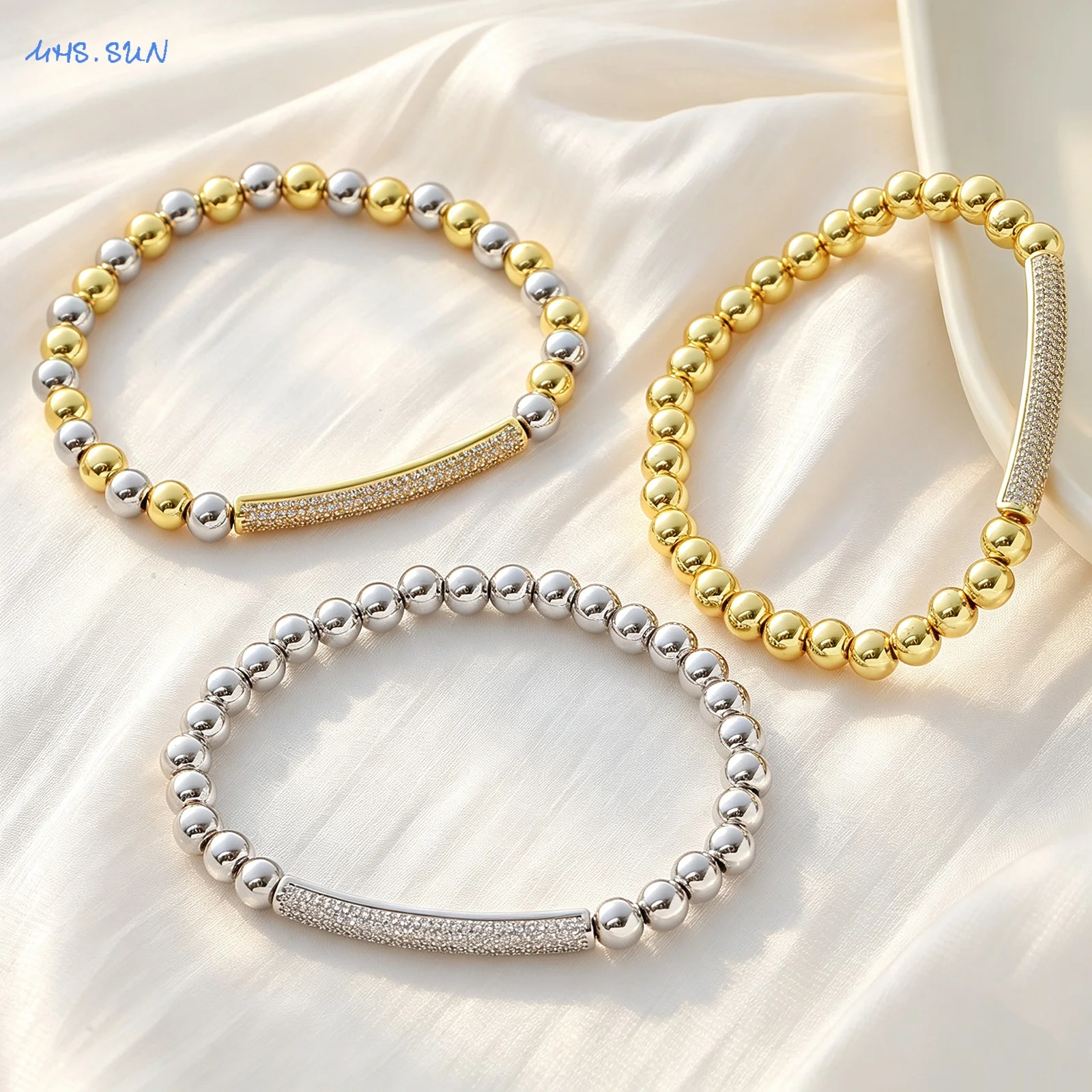 SUNSLL Fashion Gold/Silver Plated Zircon Inlaid Tube Bead Elastic Bracelet Daily Party Jewelry Gift For Women Men Wholesale