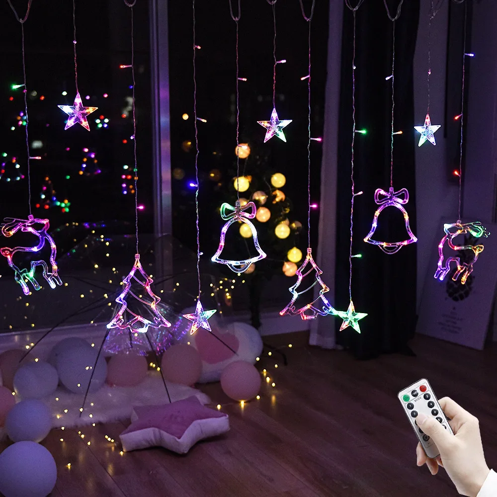 3.5M LED Star Deer Tree Bell 220V 110V  Christmas Garland Fairy Curtain String Lights For Home New Year 2024 Party Decoration