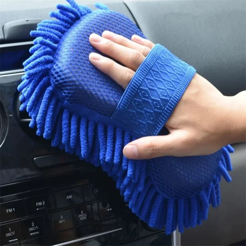 1 Pc Blue Microfiber Chenille Car Wash Sponge Care Washing Brush Pad Cleaning Tool Auto Washing Towel Gloves Styling Accessories