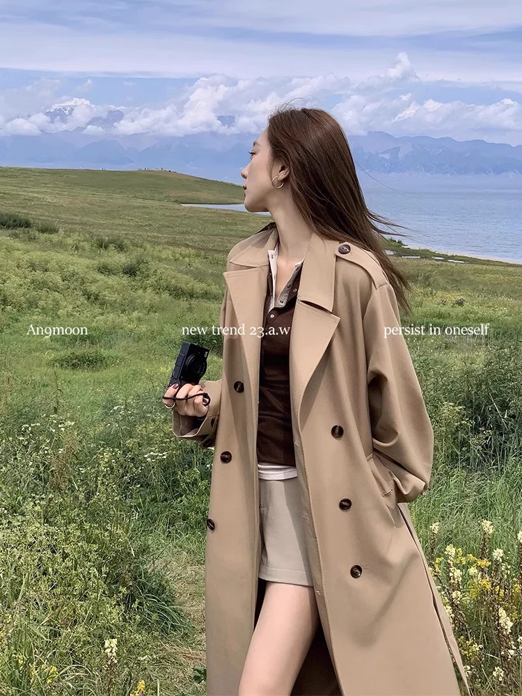 

Trench Long Coat Woman Minimalist Printing Quality Goth High-End Feeling Flattering Covering Rain Maillard Mujer Front