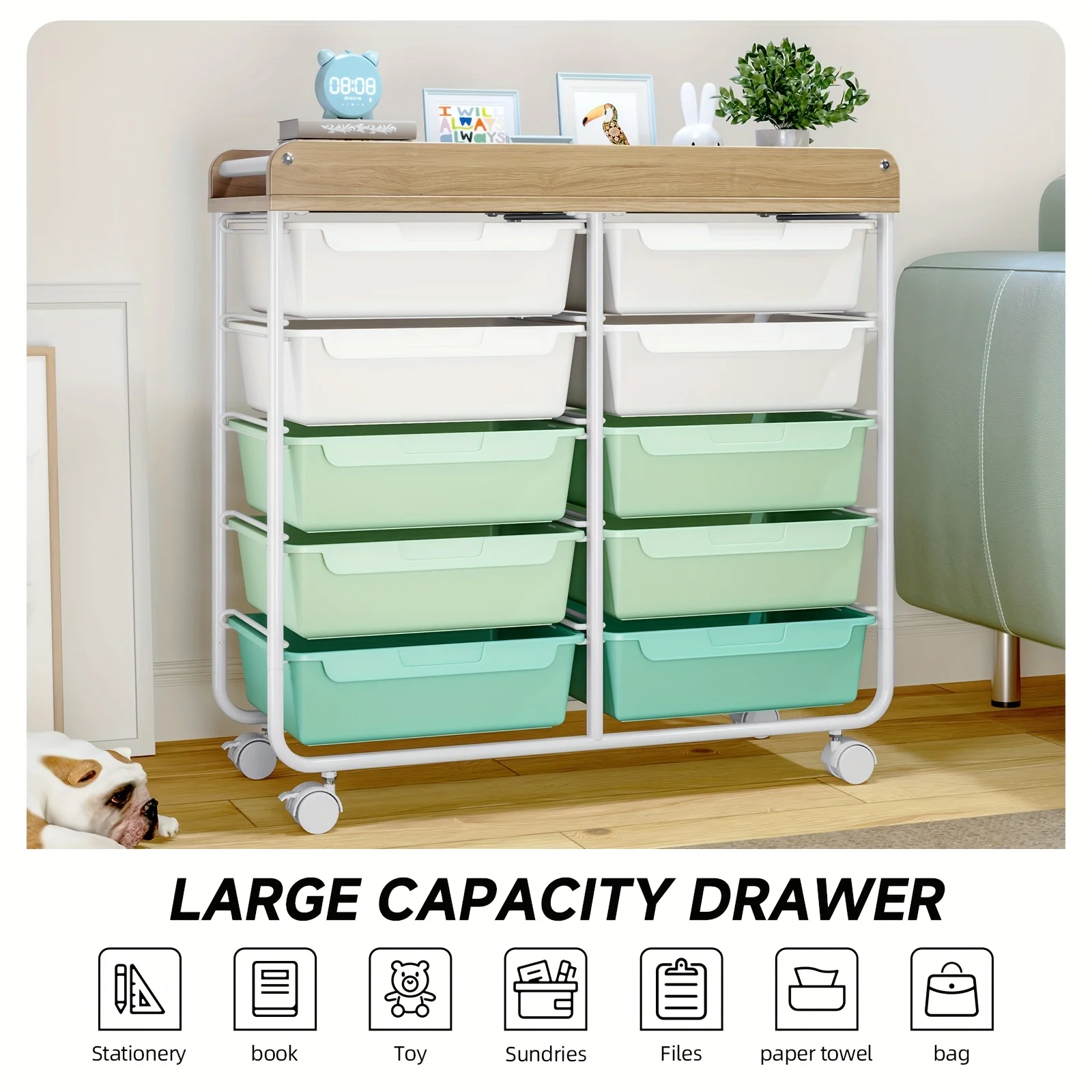 

10-Tier Rolling Storage Cart Featuring Spacious Drawers, a Portable Organizer with a Tabletop, Versatile Utility Cart Suitable