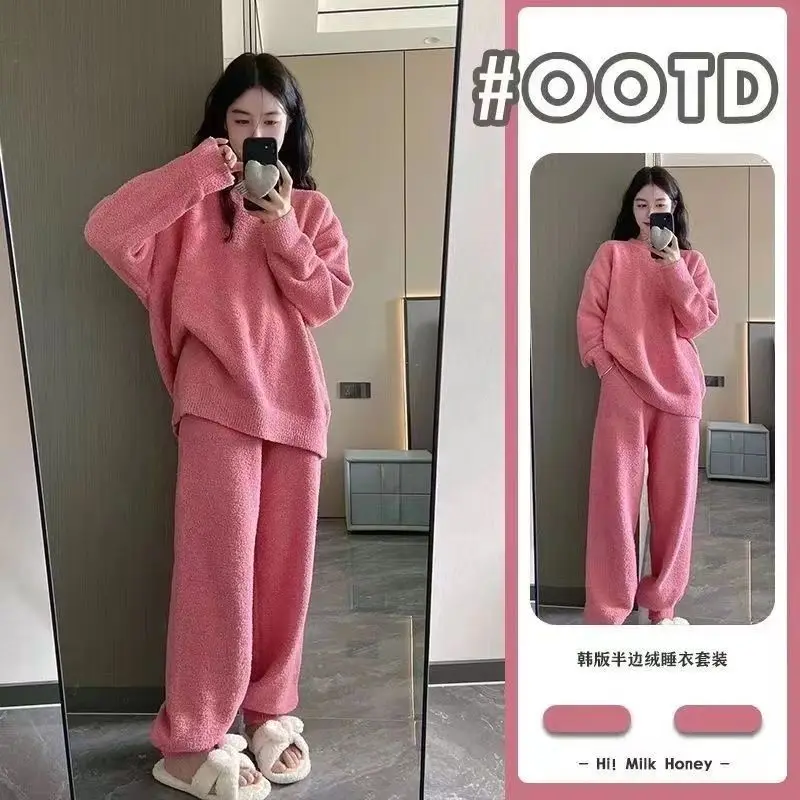 

2025 New Pink Coral Velvet Pajamas for Women's Autumn and Winter with Velvet Warmth Korean Edition High End Round Neck Home Furn