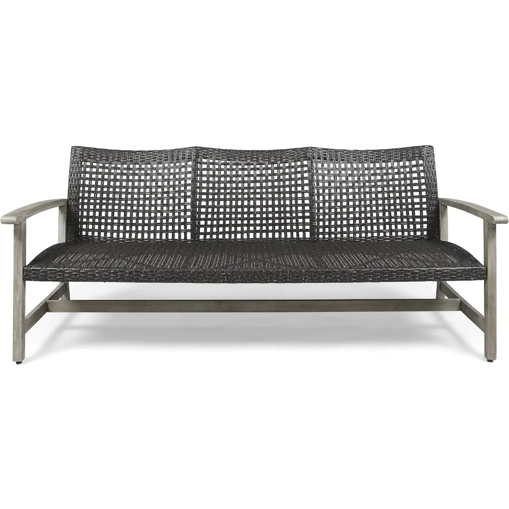 Outdoor Wood and Wicker Sofa, Light Gray Finish with Mix Black Wicker