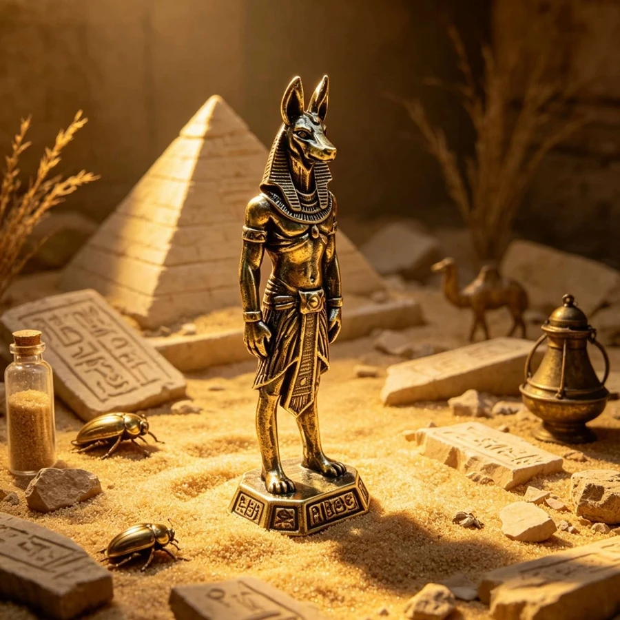 Anubis Hyena Head Brass Statue, with Engraved Runes on the Base, Finely Crafted to Capture the Mysterious Aesthetics Bookends and Decorations, Suitable for Vintage Desktops, Study Room Displays, Themed Spaces, and Collectors.