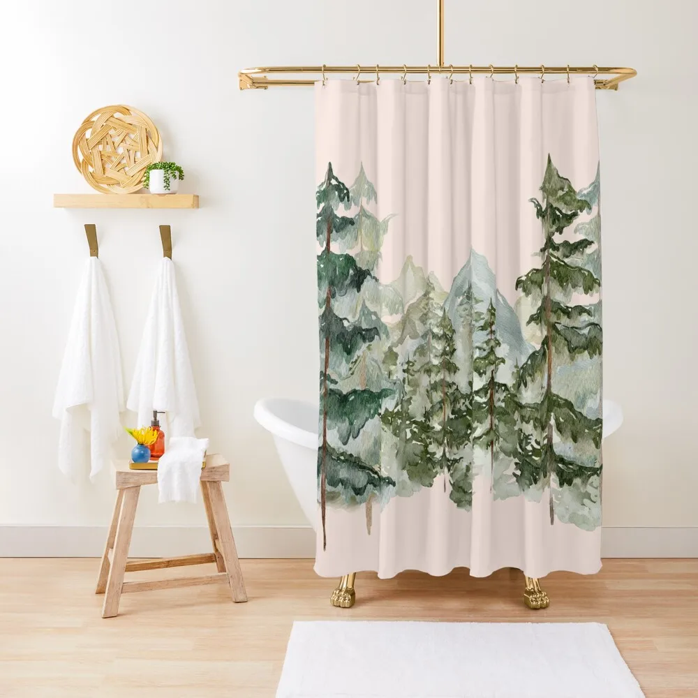 

Watercolor Pine Forest and mountain Aesthetic Graphic Shower Curtain Modern Showers For Bathroom