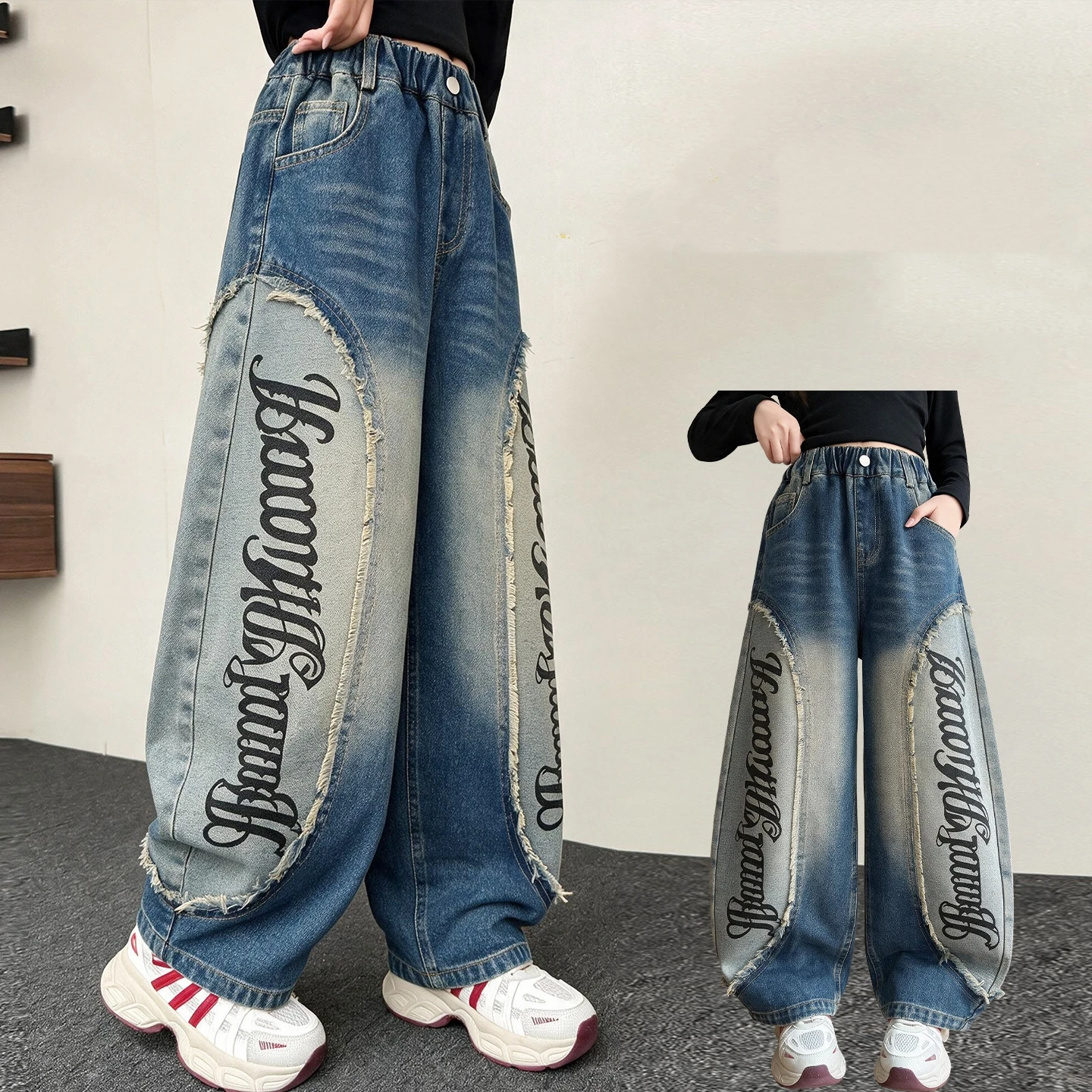 Girls' Autumn Jeans New Style Spicy Girl American Retro Fringed Patchwork letter Printed Curved knife Denim Pants For 5-14 Years