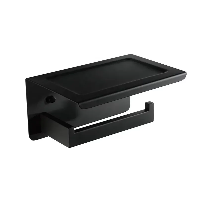 304 Stainless Steel Toilet Paper Holder Wall Mounted Black Chrome Bathroom Tissue Roll Stand with Mobile Phone Shelf Rack