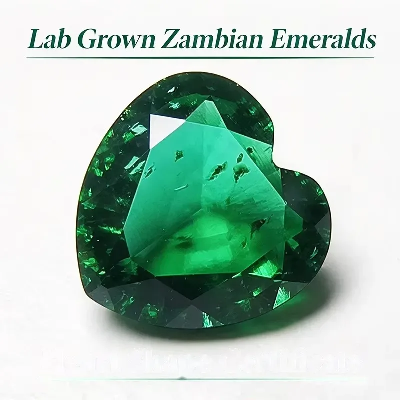 Lab Grown Zambian Emeralds Heart Shape Hydrothermal Hand Cutting with Cracks Inclusions Inside Certificate
