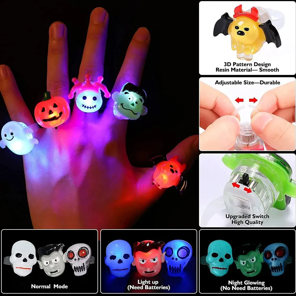 Anillos luminosos LED de piezas para Halloween, decoración creativa de calabaza, fantasma, Calavera, juguete, fiesta de cumpleaños para niños, 100