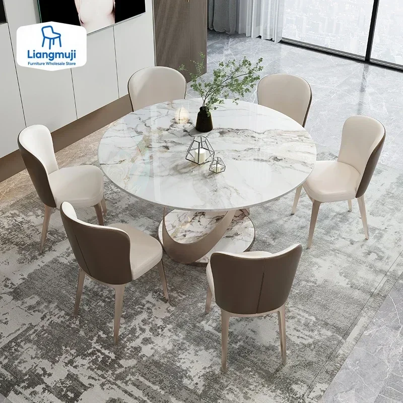 طاولات مستديرة من ألواح الصخور طاولة طعام باللون الذهبي الوردي المصقول من الفولاذ المقاوم للصدأ حجر ملبد دوار فندق ميسا دي كوميدور رخام أبيض #1