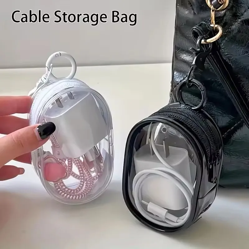 Bolsa de Armazenamento Transparente Portátil com Zíper - Organizador de Cabos que Economiza Espaço para Fones de Ouvido e Carregadores, Versátil com Prático Laço para Chaveiro