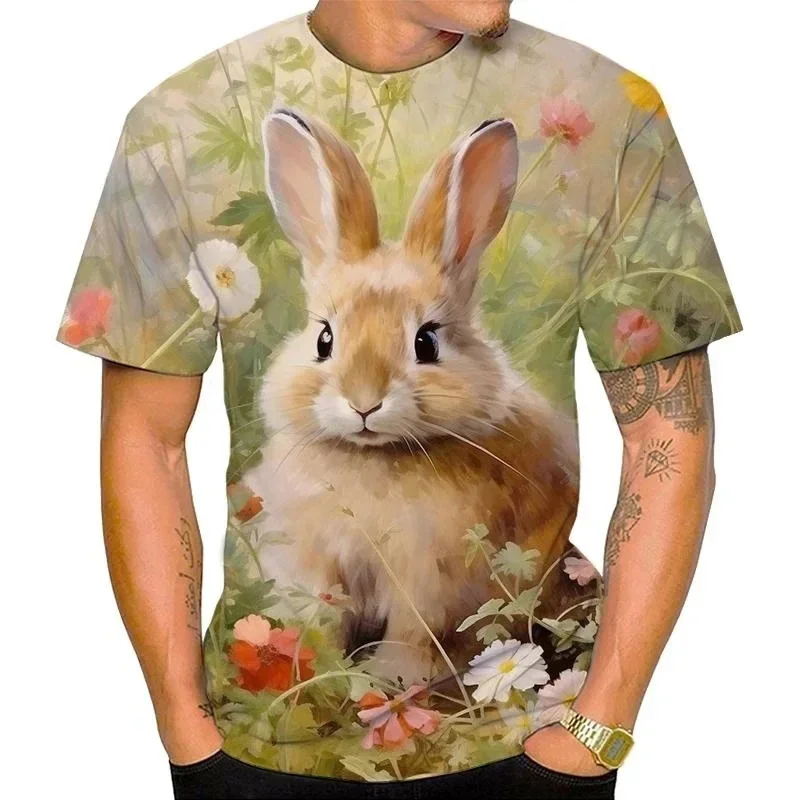 Cute Animal Rabbit Pattern T Shirt for Men Flower 3D Printed Tees Summer Casual Round Neck Tops Unisex T-Shirts Short Sleeves