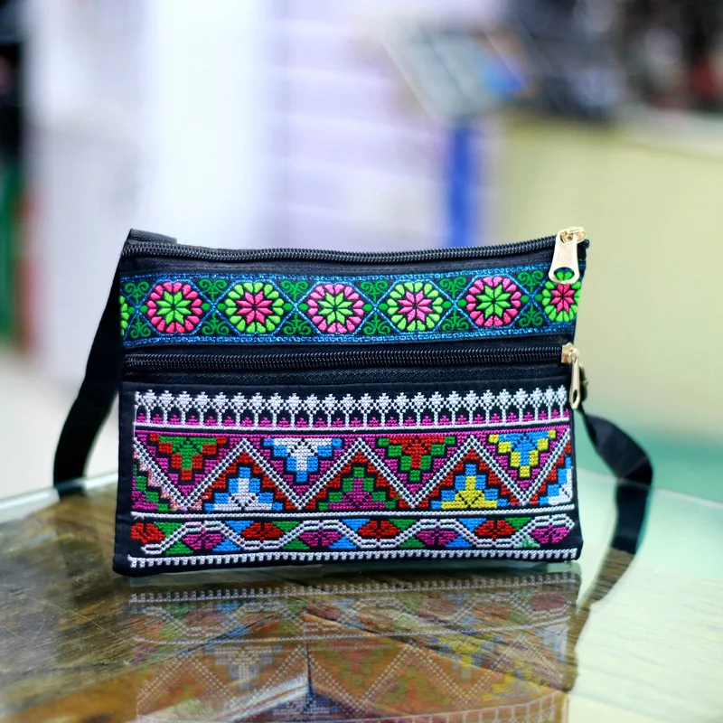 Zippered Embroidered Bag Traditional Handmade Vintage Ethnic Crossbody Multi-Pocket Embroidery Purse For Travel Accessory