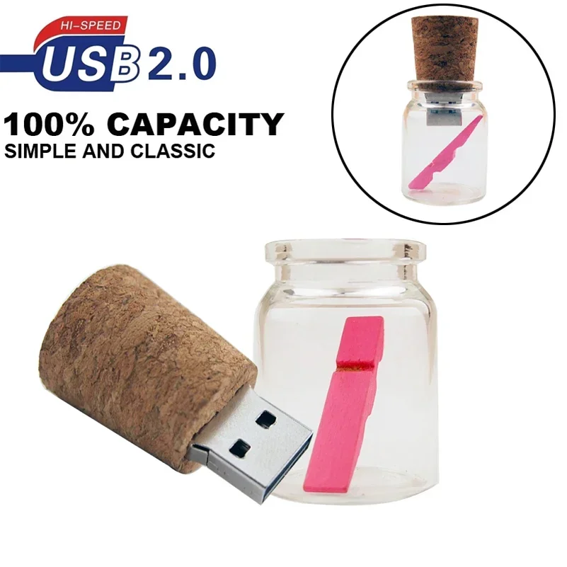 50 unids lote unidad Flash USB 128GB Mini botella a la deriva Pen Drive 64GB regalo creativo USB Stick 32GB caja de madera U disco 16GB 8GB 4GB