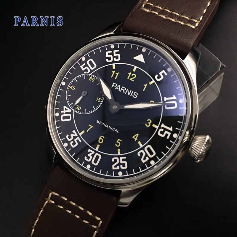 

Fashion Parnis 44mm Black Dial Mechanical Hand Winding Watch Leather Strap Hand Wind Men's Luxury Watches reloj hombre Man Clock