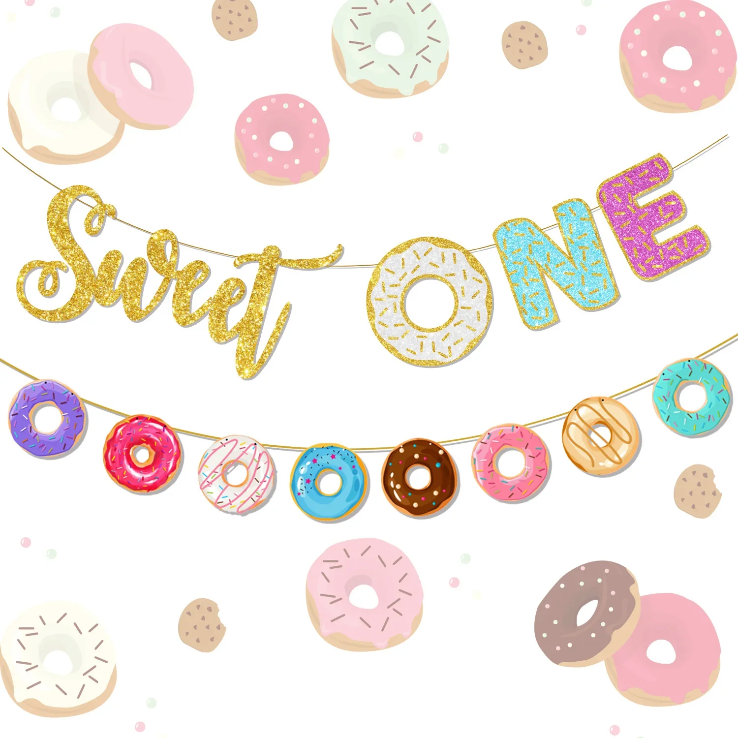 

Donut Theme Glitter Sweet One Banner Colorful Doughnut Dessert Garland for Donut 1st Birthday Party Decoration 1 Year Old Girls