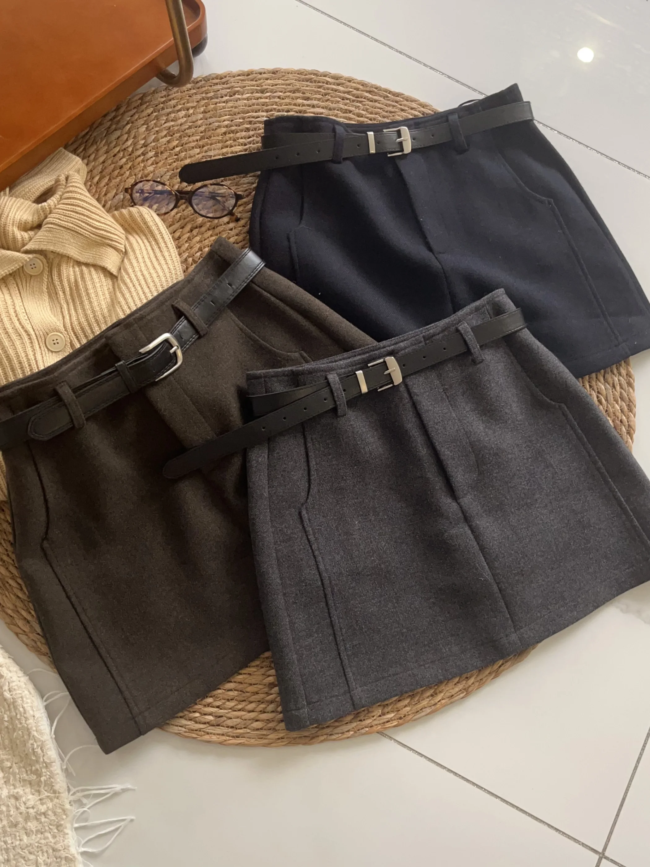 

Теплая зимняя шерстяная юбка с высокой талией, женская, А-силуэт, утягивающая, непрозрачная, средней длины, повседневная, из полиэфирного волокна