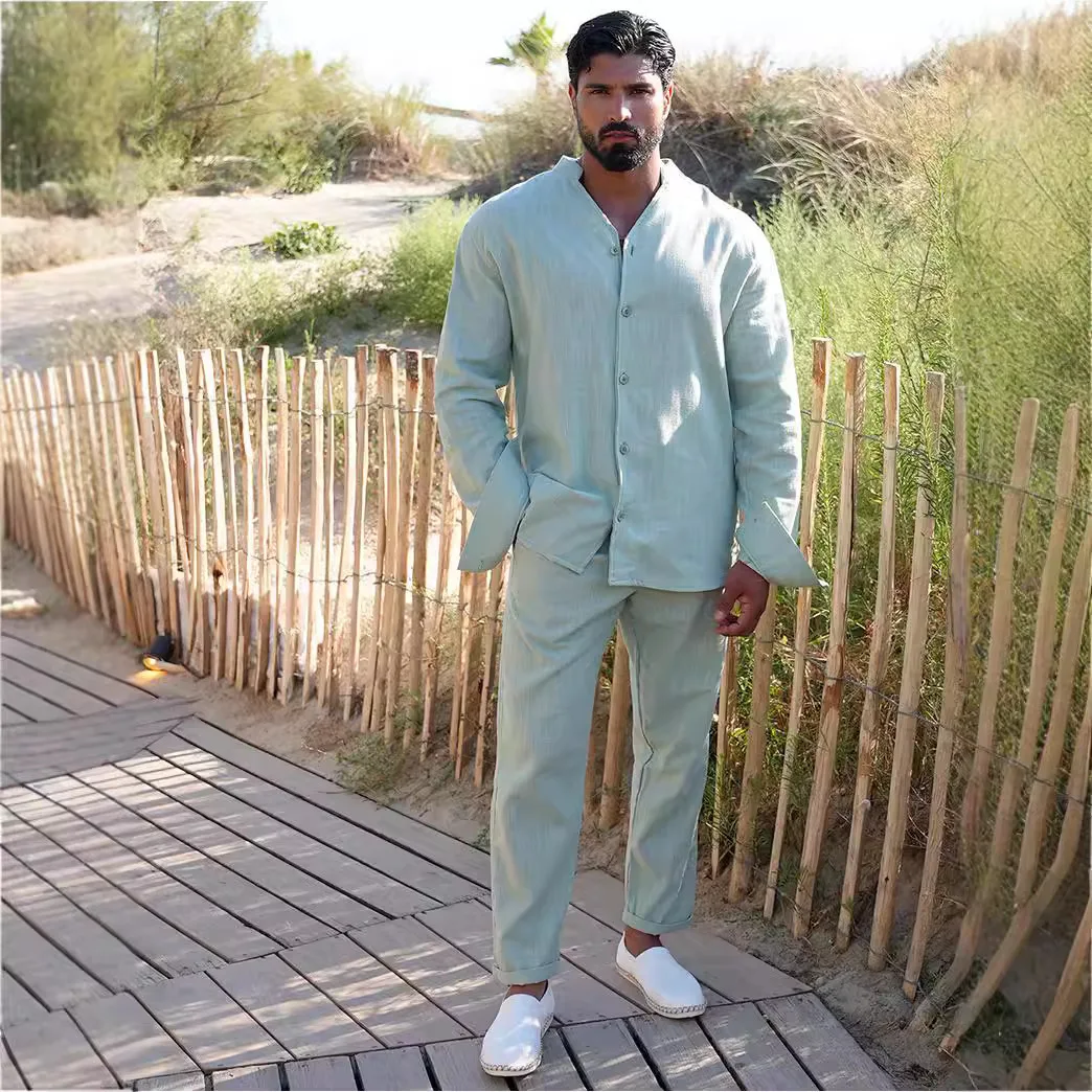 European and American Sports Suit Men's Linen Autumn Casual Suit Long-sleeved Fashion Tooling Trousers Two-piece Set