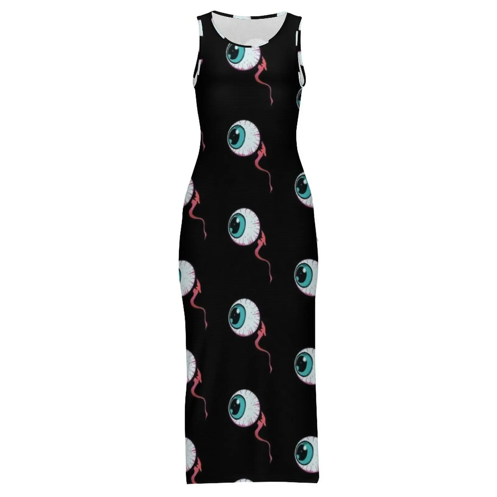 レディースボディコンドレススリムセクシーなブルー不気味な目マキシドレス夏血まみれの目玉デザインノースリーブストリートドレスビッグサイズ